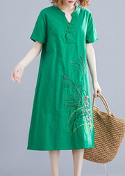 Handmade green embroidery linen Robes Chinese Button cotton summer Dresses - bagstylebliss