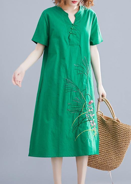 Handmade green embroidery linen Robes Chinese Button cotton summer Dresses - bagstylebliss