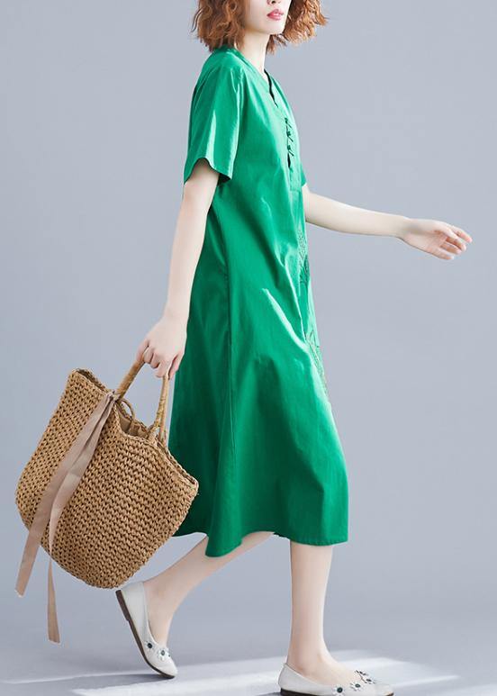 Handmade green embroidery linen Robes Chinese Button cotton summer Dresses - bagstylebliss