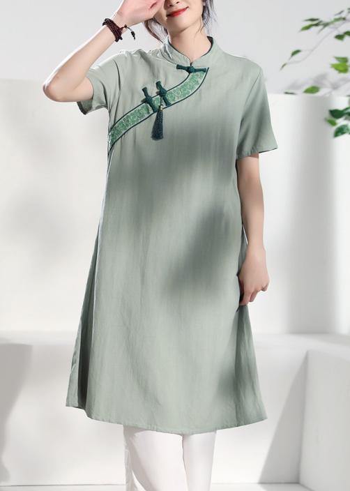 Handmade green embroidery linen dresses stand collar loose summer Dress - bagstylebliss