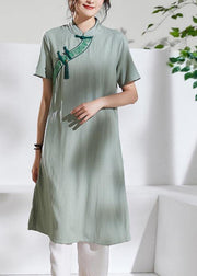 Handmade green embroidery linen dresses stand collar loose summer Dress - bagstylebliss