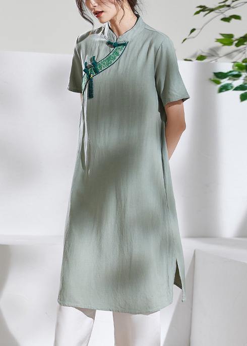 Handmade green embroidery linen dresses stand collar loose summer Dress - bagstylebliss