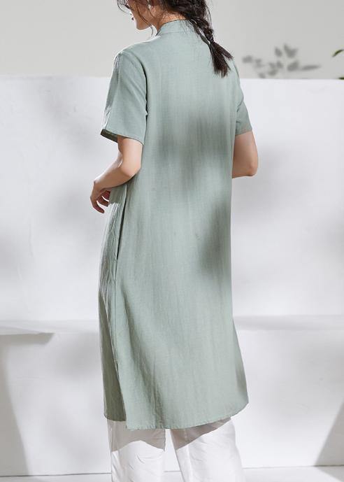 Handmade green embroidery linen dresses stand collar loose summer Dress - bagstylebliss