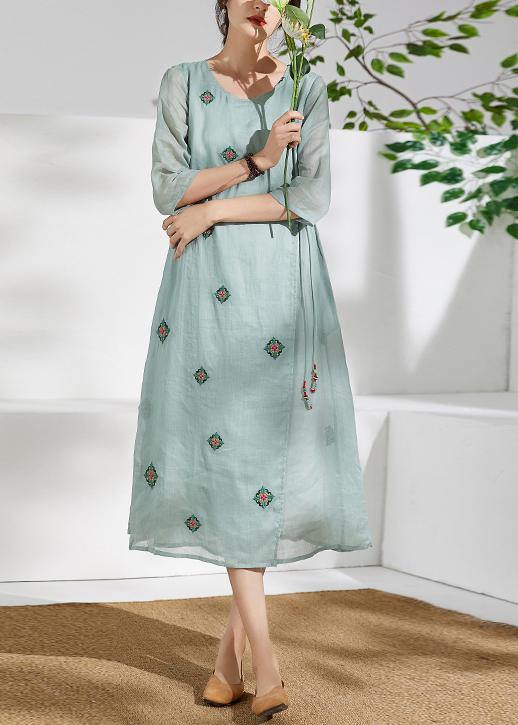 Handmade green linen clothes For Women o neck embroidery long  Dresses - bagstylebliss