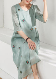 Handmade green linen clothes For Women o neck embroidery long  Dresses - bagstylebliss