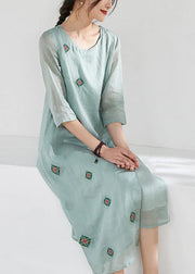 Handmade green linen clothes For Women o neck embroidery long  Dresses - bagstylebliss