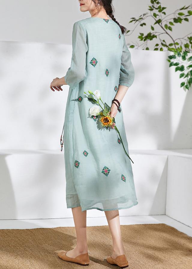 Handmade green linen clothes For Women o neck embroidery long  Dresses - bagstylebliss