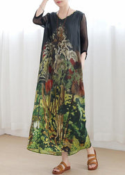 Handmade green print Robes v neck tie waist Maxi summer Dress - bagstylebliss