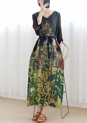 Handmade green print Robes v neck tie waist Maxi summer Dress - bagstylebliss