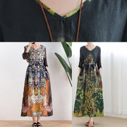 Handmade green print Robes v neck tie waist Maxi summer Dress - bagstylebliss