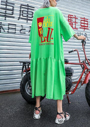 Handmade green print cotton Wardrobes o neck pockets long summer Dress - bagstylebliss
