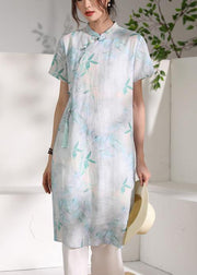 Handmade green print linen clothes stand collar tassel oversized summer Dresses - bagstylebliss