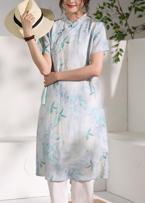 Handmade green print linen clothes stand collar tassel oversized summer Dresses - bagstylebliss