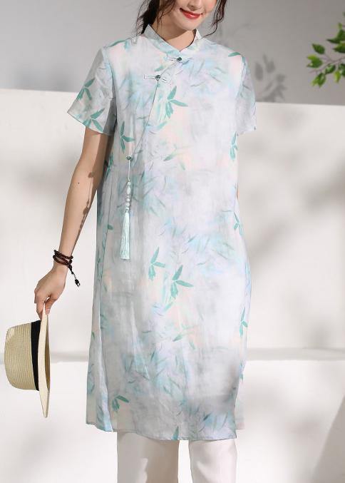 Handmade green print linen clothes stand collar tassel oversized summer Dresses - bagstylebliss