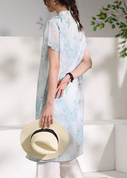 Handmade green print linen clothes stand collar tassel oversized summer Dresses - bagstylebliss