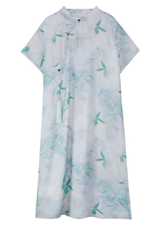 Handmade green print linen clothes stand collar tassel oversized summer Dresses - bagstylebliss