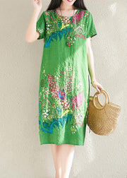 Handmade green prints linen cotton quilting clothes o neck tunic summer Dresses - bagstylebliss