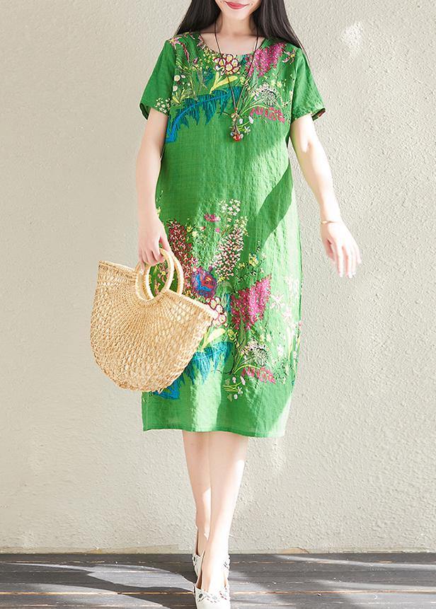 Handmade green prints linen cotton quilting clothes o neck tunic summer Dresses - bagstylebliss