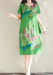 Handmade green prints linen cotton quilting clothes o neck tunic summer Dresses - bagstylebliss