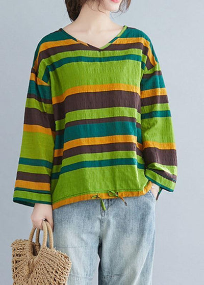 Handmade green striped cotton shirts baggy tunic spring shirts - bagstylebliss