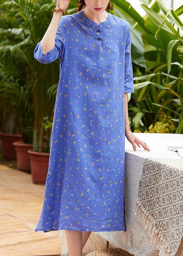 Handmade half sleeve o neck linen Wardrobes Outfits blue print Dress summer - bagstylebliss