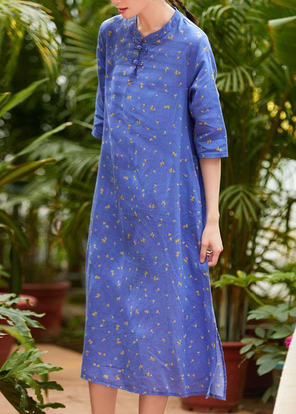 Handmade half sleeve o neck linen Wardrobes Outfits blue print Dress summer - bagstylebliss