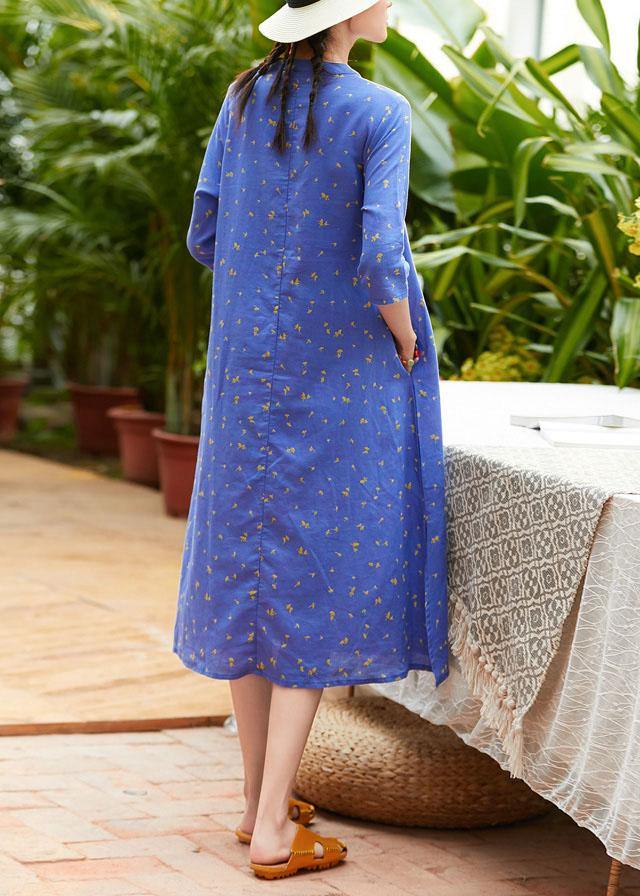 Handmade half sleeve o neck linen Wardrobes Outfits blue print Dress summer - bagstylebliss