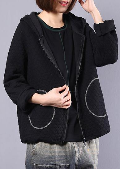 Handmade hooded cotton tops for women Photography black short coat fall - bagstylebliss