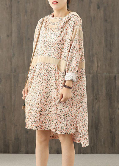 Handmade hooded patchwork dress Sleeve nude print Dresses - bagstylebliss