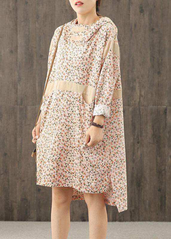 Handmade hooded patchwork dress Sleeve nude print Dresses - bagstylebliss