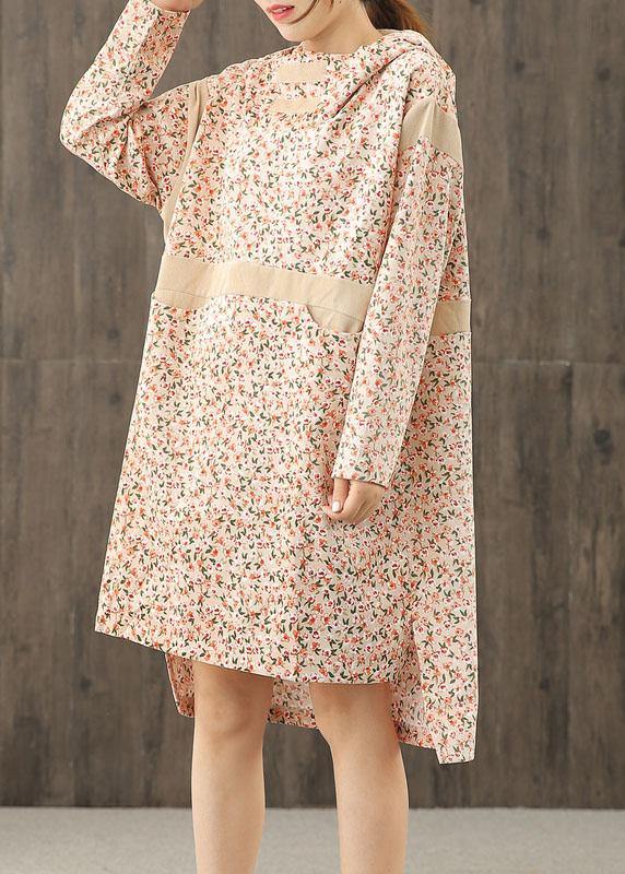 Handmade hooded patchwork dress Sleeve nude print Dresses - bagstylebliss