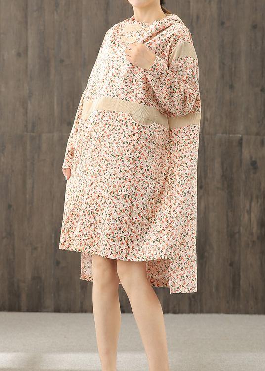 Handmade hooded patchwork dress Sleeve nude print Dresses - bagstylebliss