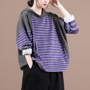 Handmade hooded patchwork shirts women Work purple striped shirt - bagstylebliss
