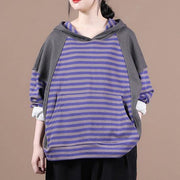 Handmade hooded patchwork shirts women Work purple striped shirt - bagstylebliss