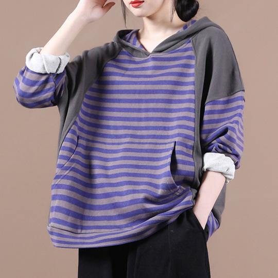 Handmade hooded patchwork shirts women Work purple striped shirt - bagstylebliss