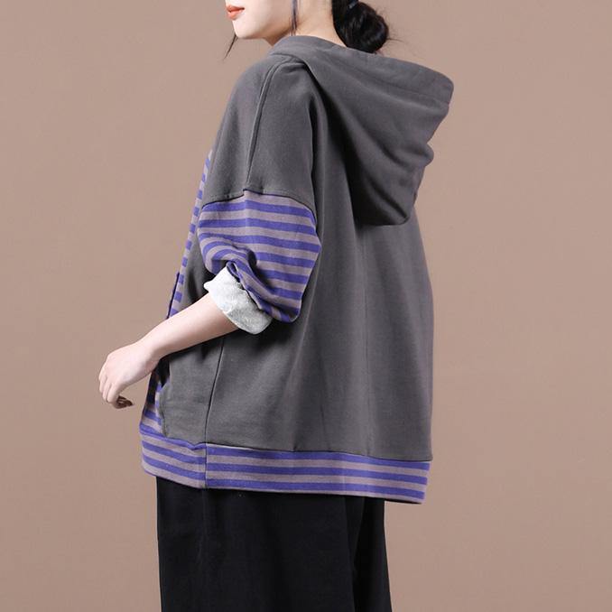 Handmade hooded patchwork shirts women Work purple striped shirt - bagstylebliss