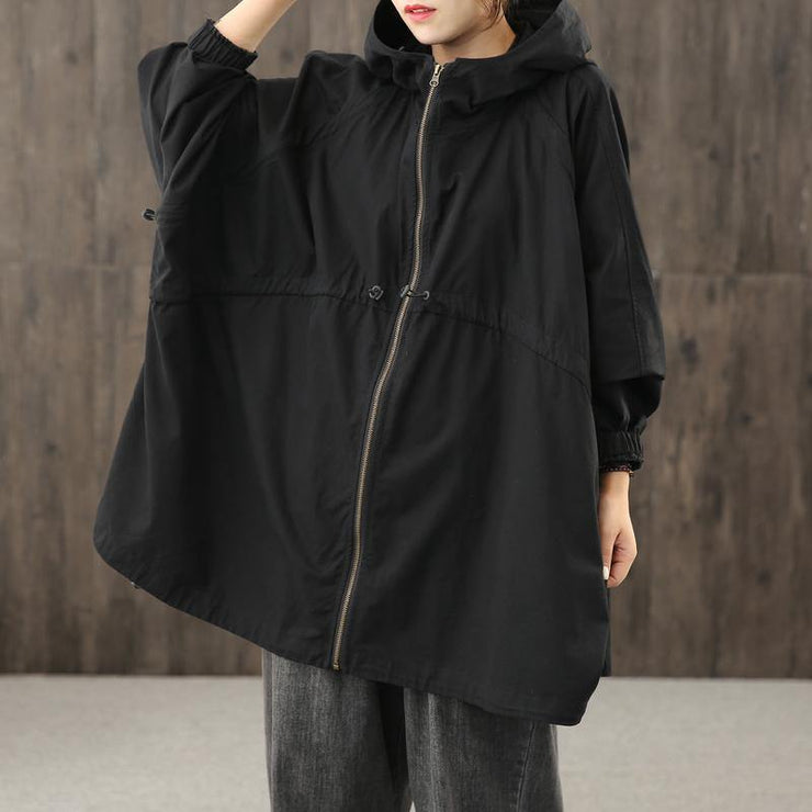 Handmade hooded zippered tops women blouses Work black shirt - bagstylebliss