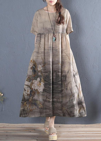 Handmade khaki print cotton dress o neck short sleeve Dresses summer Dress - bagstylebliss