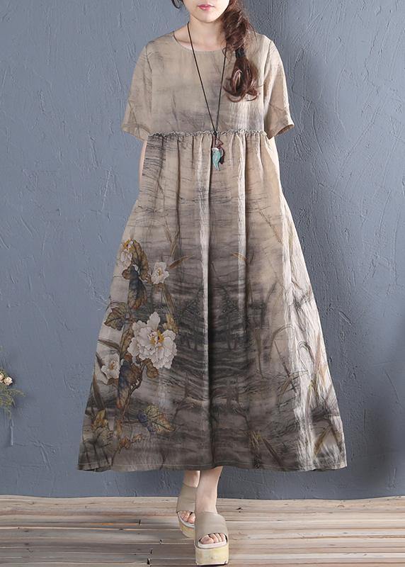 Handmade khaki print cotton dress o neck short sleeve Dresses summer Dress - bagstylebliss