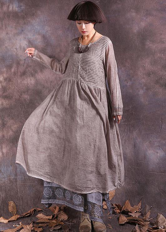 Handmade khaki Cinched cotton linen quilting clothes long sleeve long summer Dress - bagstylebliss