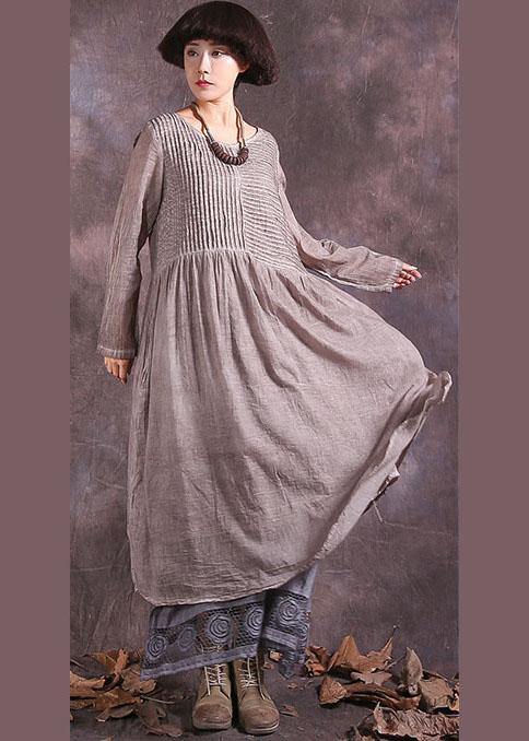 Handmade khaki Cinched cotton linen quilting clothes long sleeve long summer Dress - bagstylebliss