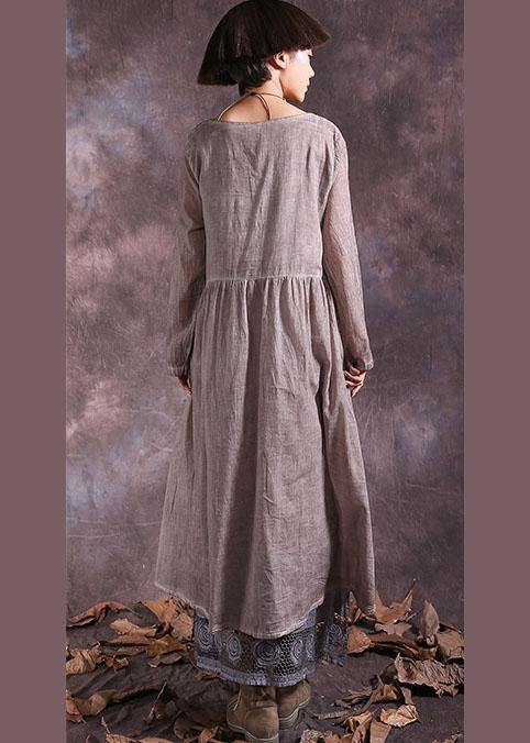 Handmade khaki Cinched cotton linen quilting clothes long sleeve long summer Dress - bagstylebliss