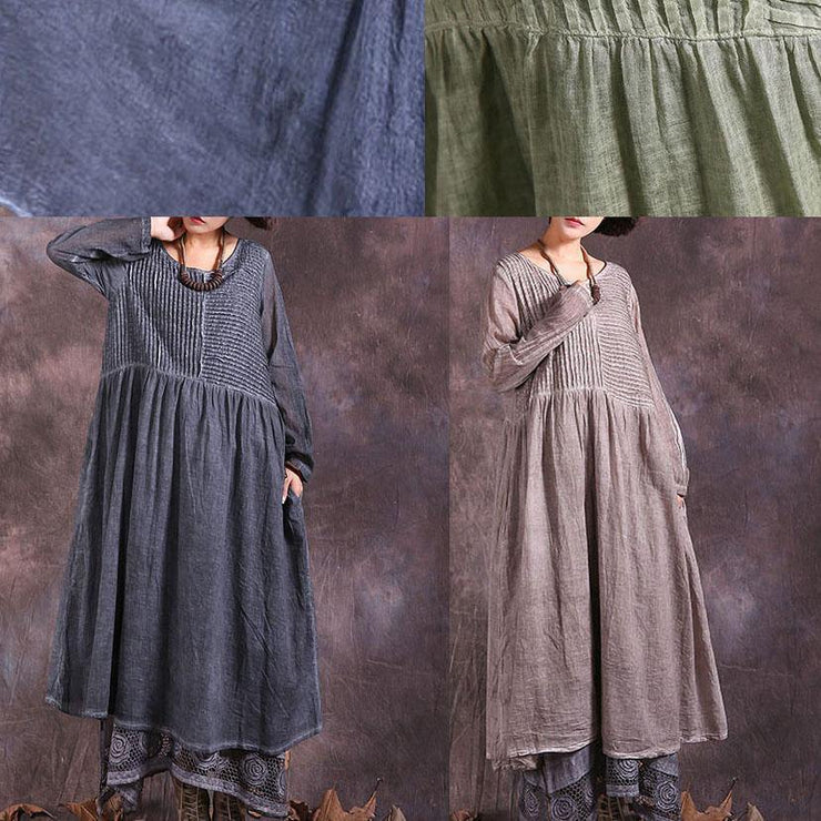 Handmade khaki Cinched cotton linen quilting clothes long sleeve long summer Dress - bagstylebliss