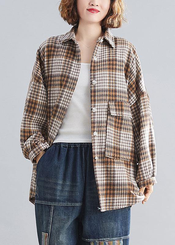 Handmade lapel Batwing Sleeve linen Long Shirts khaki plaid Knee top - bagstylebliss