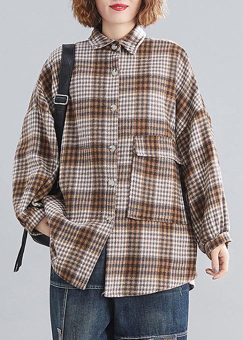 Handmade lapel Batwing Sleeve linen Long Shirts khaki plaid Knee top - bagstylebliss