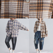 Handmade lapel Batwing Sleeve linen Long Shirts khaki plaid Knee top - bagstylebliss