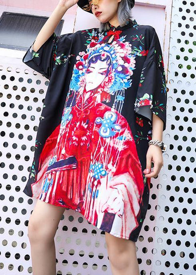 Handmade lapel half sleeve Cotton clothes For Women design black print Dresses summer - bagstylebliss