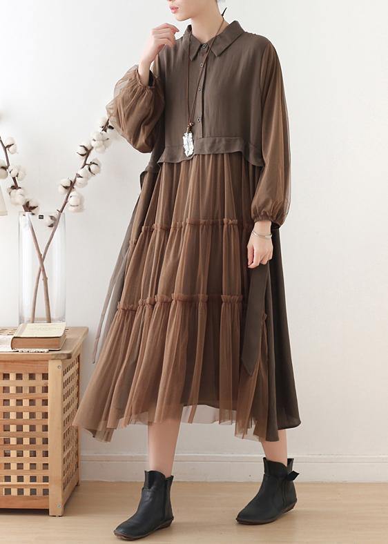 Handmade lapel patchwork tulle clothes Catwalk chocolate robes Dresses - bagstylebliss