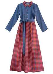 Handmade lapel spring clothes Neckline blue patchwork plaid Dresses - bagstylebliss