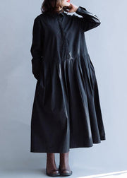 Handmade lapel Cinched dress black cotton Dresses fall - bagstylebliss